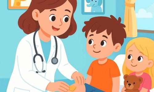 Een glimlachende vrouwelijke arts, dokter Lisa, draagt een stralend witte jas en een stethoscoop om haar nek. Haar sprankelende ogen tonen medeleven terwijl ze een jonge jongen, Tim, van ongeveer 8 jaar, met een kniebandage op zijn geblesseerde knie onderzoekt. Tim heeft rommelig bruin haar en een bezorgd gezicht, maar begint te glimlachen bij het zien van Lisa's vriendelijkheid. In de kamer zit ook een klein meisje, Anna, van 6 jaar, op een ziekenhuisbed. Ze heeft lange blonde haren en houdt een knuffel vast. Ze kijkt met bewondering naar dokter Lisa, in afwachting van hulp. De ruimte is een lichte ziekenhuiskamer, met pastelblauwe muren en tekeningen van glimlachende dieren. Er is een comfortabel bed, een raam dat zonlicht binnenlaat en kleurrijke speelgoedjes verspreid over een klein tafeltje. De hoofdscène toont dokter Lisa die een verband op Tim's knie aanbrengt, terwijl Anna, met een nieuwsgierige blik, de scène observeert, omringd door een warme en troostende sfeer.
