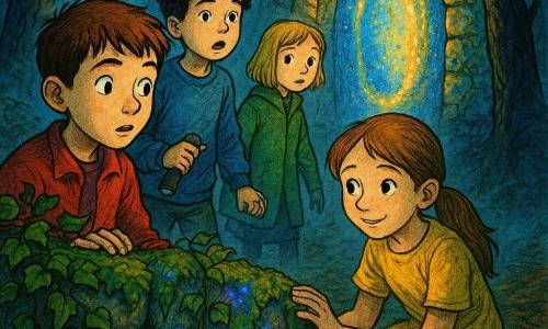 Hay cuatro niños: Lucas, 10 años, pelo castaño corto, chaqueta roja, al frente a la izquierda con la mano en un muro cubierto de musgo brillante, mirando asombrado; Mateo, 10 años, pelo negro rizado, suéter azul, justo detrás de Lucas a la izquierda con la boca entreabierta y una linterna apagada; Sofía, 9 años, pelo castaño claro recogido, vestido amarillo, a la derecha de Lucas, agachada tocando las piedras del muro y sonriendo tímidamente; Clara, 9 años, pelo rubio corto, abrigo verde, atrás en el centro, sujetando la mano de Mateo y mirando el portal luminoso sorprendida. Escena: un claro de bosque denso de noche con troncos negros y suelo de hojas y raíces, ligera neblina junto al suelo; un muro antiguo de piedras rugosas cubierto de musgo húmedo y hiedra con manchas luminosas azul‑violeta que pulsan. Situación: el muro se ilumina y se abre en un pequeño portal oval radiante de luz azul y dorada; los niños, agrupados alrededor, tienen los rostros iluminados por la luz en una atmósfera a la vez inquietante y mágica, con fuertes contrastes de sombra y manchas de color, textura de tinta visible, trazos delicados y colores saturados para un ambiente aterrador pero suave.