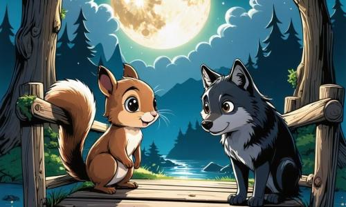 Een klein eekhoorntje met lichtbruin vacht, grote nieuwsgierige ogen en een pluizige staart, staat moedig op een oude houten brug, vastberaden naar de horizon te kijken. Naast hem staat een grote wolf met zwarte vacht, glanzende en mysterieuze ogen, iets op de achtergrond, met een uitdrukking van verrassing en bewondering, alsof hij een nieuwe vriend ontdekt. De omgeving is een donkere vallei, omringd door grote bomen met knoestige stammen en kromme takken, waar schaduwen dansen onder het maanlicht dat door het loof priemt. De door de tijd versleten brug is bedekt met mos en lijkt te trillen onder het gewicht van de twee vrienden, terwijl een lichte mist van de grond opstijgt, wat een vleugje mysterie aan de sfeer toevoegt. De hoofdscène toont het eekhoorntje en de wolf, verenigd in hun zoektocht om een oude vloek te verbreken, samen moedig verdergaand op de brug, klaar om het onbekende aan de andere kant te confronteren.