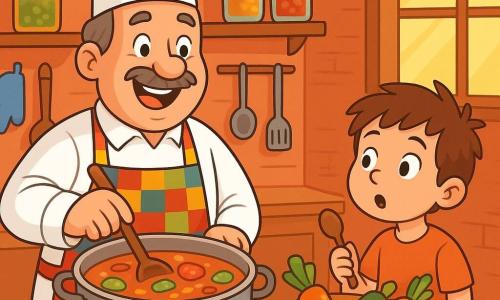 Un cuoco, un uomo di circa cinquant'anni, con un ampio sorriso e occhi scintillanti di gioia, indossa un grande cappello bianco da chef e un grembiule colorato. Sta mescolando una grande pentola piena di zuppa, circondato da verdure colorate, con pezzi di pomodori rossi, zucchine verdi e carote arancioni che traboccano da un cesto accanto a lui. Vicino a lui, un ragazzino di circa 8 anni, con i capelli castani arruffati e un viso curioso, osserva con meraviglia la preparazione del piatto, tenendo un piccolo cucchiaio di legno. È seduto su uno sgabello di legno, con gli occhi spalancati, pronto a gustare la zuppa. L'ambientazione è una cucina calda e accogliente, con muri di mattoni rossi, scaffali pieni di barattoli di spezie colorate e finestre che lasciano entrare la luce dorata del sole. La scena principale mostra il cuoco mentre crea una deliziosa zuppa, mentre il giovane ragazzo aspetta con impazienza di scoprire i sapori magici di questo piatto fatto in casa.