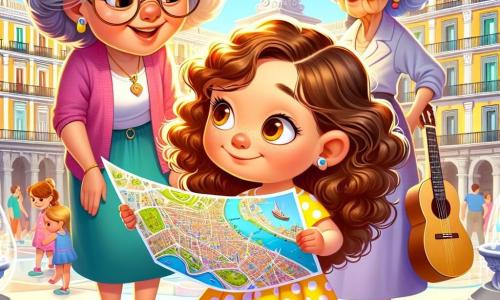 Una bambina di 4 anni, Sofia, con grandi occhi brillanti e capelli ricci castani, sorride con meraviglia guardando una mappa colorata di Madrid. Indossa un vestito giallo a pois e sandali rosa. Accanto a lei, sua nonna, una donna anziana con capelli grigi e occhiali, le mostra la mappa con un sorriso caloroso, mentre suo nonno, un uomo con una barba bianca e un cappello di paglia, suona la chitarra sotto una bella statua di marmo. Il luogo è una piazza animata di Madrid, circondata da edifici storici dalle facciate colorate, con alberi verdi e fontane scintillanti. Al centro, Sofia scopre la magia della città, affascinata dalla musica e dalle storie che la circondano.