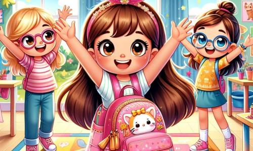En el centro de la imagen, Lucía, una niña de 8 años con cabello castaño y gafas rosas, sonríe alegremente mientras sostiene su hermosa mochila rosa decorada con estrellas doradas. A su derecha, Clara, una niña de 8 años con cabello rubio trenzado y una diadema con orejas de conejo, levanta los brazos al aire, llena de entusiasmo. A la izquierda, Marta, una niña de 8 años con cabello castaño y gafas azules, mira con admiración el gran mural colorido que acaban de crear juntas. El lugar es un aula luminosa y acogedora, con paredes pintadas de colores vivos, carteles de animales y planetas, y un rincón de lectura lleno de libros de cubiertas coloridas. Al fondo, una gran ventana deja entrar la luz del sol, iluminando la sonrisa de los niños. La situación principal muestra a las tres amigas celebrando su éxito tras haber terminado un hermoso mural de bienvenida, que representa un arcoíris brillante y nubes esponjosas, simbolizando su amistad y su alegría de volver a la escuela juntas.