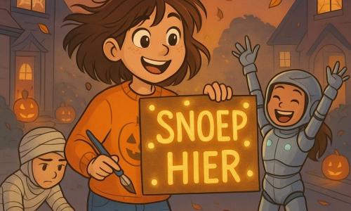 Een 12-jarig meisje, Nora, staat in het midden van de afbeelding, met rommelig bruin haar en sprankelende ogen van opwinding. Ze draagt een oranje trui met een pompoenmuster en een gescheurde spijkerbroek, met een kwast in de ene hand en een beschilderd karton met felle letters in de andere. Haar gezicht straalt trots en vreugde uit, terwijl een lichte bries haar haar laat wapperen. Naast haar staat Imane, haar 12-jarige beste vriendin, verkleed als robot met een zilveren pantser en knipperende lichten. Ze glimlacht met haar armen omhoog, alsof ze klaar is om Halloween te vieren. Links zit Tijs, een 11-jarig jongetje in een mummiekostuum, die geconcentreerd glitters op de grond strooit. De achtergrond is een levendige Halloween-straat, versierd met spinnenwebben en verlichte pompoenen. Dode bladeren dwarrelen door de lucht en een zachte gloed straalt van de lampionnen die aan de deuren hangen. De hoofdscène toont Nora die een groot verlicht bord schildert met de tekst 