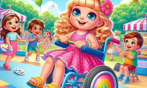 Ein 4-jähriges Mädchen, Mia, mit schönen blonden Locken und großen strahlenden Augen, lächelt fröhlich, während sie ihren bunten Rollstuhl fährt. Sie trägt ein rosa gepunktetes Kleid und gelbe Sandalen, und ihr Gesicht strahlt vor Aufregung. Neben ihr applaudiert Tom, ein 5-jähriger Junge mit braunen Haaren und neugierigen Augen, begeistert, während Lena, ein 4-jähriges Mädchen mit braunen Haaren und runden Brillen, eine Farbpalette hält und lächelt, bereit, ihr zu helfen, ein Meisterwerk zu schaffen. Die Szene spielt in einem lebhaften Park, gefüllt mit bunten Ballons, die am blauen Himmel schweben, umgeben von grünen Bäumen und spielenden Kindern. Im Hintergrund sind Spielstände und köstliche Leckereien sichtbar, die eine festliche Atmosphäre schaffen. Mia zeigt ihr Talent, indem sie ihren Rollstuhl geschickt manövriert, dabei Drehungen und elegante Bewegungen macht, während ihre Freunde sie mit Lächeln und Lachen anfeuern und die Freude an Freundschaft und Vielfalt feiern.