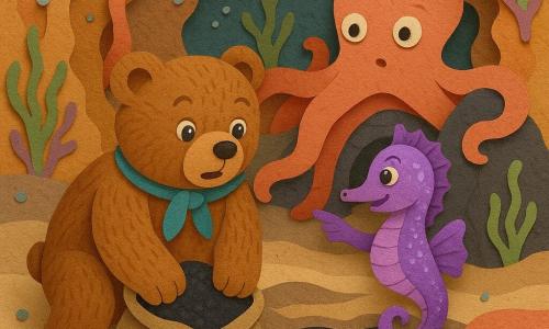A large realistic brown teddy bear with textured soft fur, a round face and bright eyes, looking brave and amazed, wearing a small sea-blue scarf and holding a canvas bag of dark sand while sifting underwater sand with its paws; a small purple seahorse with shimmering scales and a playful friendly expression circles to the bear’s right, pointing the way to coral caverns; a large coral-colored gentle octopus with round eyes and rounded tentacles steadies the group by wrapping an arm around a background rock; colorful coral cavern setting with sculpted coral walls, shell stalactites, streaked dark sand beds, floating green and purple seaweed, and rising glowing bubbles; scene shows the discovery of black sand in the cavern with dim water-filtered light, strong pale-to-dark sand contrasts, gentle currents, and a warm, secure atmosphere.