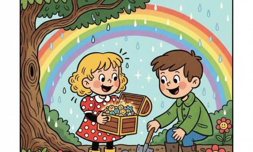 A joyful, wide-eyed 2-year-old girl with curly blond hair and rosy round cheeks in a red polka-dot dress and yellow boots holds an open shiny box; to her right, Ben, about 5, smiling and protective with short brown hair, a green jacket and muddy boots, crouches tapping soil with a small shovel; behind them a large gnarled-trunk tree with glossy rain-wet green leaves fills the left side, a vivid rainbow crosses a pale blue sky with occasional sparkling raindrops, dark textured brown ground is dotted with colorful flowers and stones, and the open box reveals colorful candies and gleaming gold coins; warm, bright, comforting atmosphere with saturated colors, thick black outlines, composition centered on the children and the treasure.