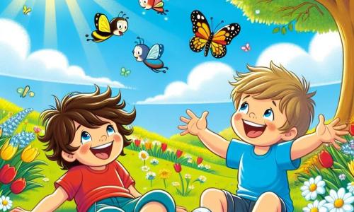 In a sunny field, two boys, Tommy and Ben, are playing. Tommy, a 7-year-old with messy brown hair and a red t-shirt, is lying in the green grass, laughing heartily. Next to him, Ben, a 6-year-old with blond hair wearing a blue t-shirt, stands with his arms raised, amazed by a colorful butterfly flying around them. The field is filled with bright flowers: yellow daffodils, red tulips, and white daisies, while birds sing in the blue sky dotted with white clouds. In the distance, a majestic tree provides shade, and bees buzz happily around the flowers. The scene captures Tommy and Ben, surrounded by the beauty of spring, playing and laughing together under the gentle sun, enchanted by the magic of nature around them.