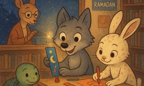 The main character is Ludo, a small anthropomorphic wolf with soft gray fur and round brown eyes, joyfully focused while sitting on a wooden stepstool and holding a blue bookmark decorated with a gold crescent and pompom; beside him Mina, a mischievous small white-and-beige-spotted anthropomorphic rabbit, leans toward the window drawing a red-and-gold paper lantern, while Theo, a proud patient little turtle with a shiny green shell, sits on the floor holding sparkling ribbons and making tassel pompons next to a pile of glitter; in the background Mrs. Juniper, a gentle deer-woman librarian with round glasses, places a box of bookmarks on a brown wooden shelf; the scene takes place in front of a large library window reflecting hanging moon garlands and paper lanterns, a light wooden table scattered with colored paper, scissors, glue and pencils, and a small 
