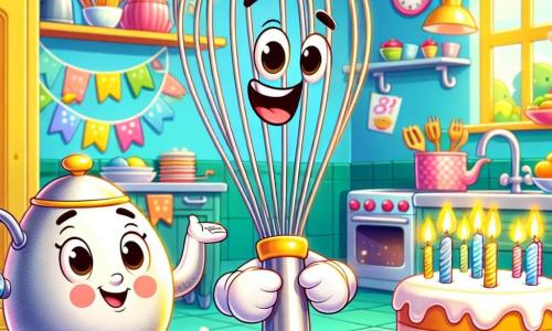 The main character, Whiffy Whisk, is a small kitchen whisk with sparkling strands and a cheerful long handle. He has a big smile on his face and his eyes sparkle with excitement as he busily prepares for a birthday party in the kitchen. Next to him, Tilly Teapot, a round and colorful teapot, is pouring tea into small cups. She has a warm and friendly look, with a lid that seems to smile. In one corner of the kitchen, Patty Pan, a shiny metal frying pan, is taking a delicious cake out of the oven, her face beaming with pride. The setting is a bright and welcoming kitchen, with pastel yellow walls, windows letting in sunlight, and colorful decorations of balloons and streamers hanging everywhere. The main scene shows Whiffy, Tilly, and Patty happily preparing for the party, surrounded by confetti and cakes, ready to celebrate an unforgettable birthday with a joyful and festive atmosphere.