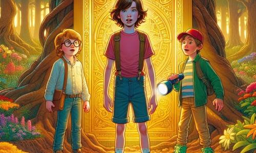 Drei Kinder stehen im Zentrum der Szene: 

1. **Mia**, ein 10-jähriges Mädchen mit langen braunen Haaren und runden Brillen, trägt ein pinkes T-Shirt und eine Jeansshorts. Sie schaut fasziniert auf eine geheimnisvolle Metalltür, die sich vor ihr öffnet.

2. **Ben**, ein 11-jähriger Junge mit zerzausten blonden Haaren und einem schelmischen Lächeln, steht zu ihrer Rechten. Er trägt ein blaues T-Shirt und grüne Turnschuhe und hält eine Taschenlampe in der Hand, bereit zum Erkunden.

3. **Leo**, ein 10-jähriger Junge mit kastanienbraunen Haaren und Sommersprossen, steht leicht im Hintergrund links. Er trägt eine rote Mütze und ein gelbes T-Shirt, seine Augen sind vor Aufregung weit geöffnet, während er die Szene beobachtet.

Der Ort ist ein grüner Garten, durchzogen von goldenem Licht, mit bunten Blumen und majestätischen Bäumen. Im Zentrum steht eine alte Metalltür, verziert mit komplexen Mustern, die aus dem Boden herausragt, umgeben von frisch umgegrabener Erde.

Die Hauptsituation zeigt, wie die Kinder diese geheime Tür entdecken, ihre Gesichter erleuchtet von Neugier und Abenteuer, bereit, in eine unbekannte und fantastische Welt einzutreten.