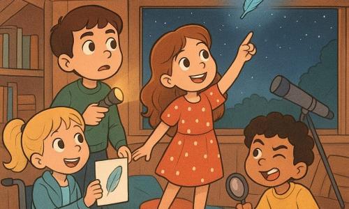 Quatro crianças numa cabana na árvore à noite: Lucas (menino, 9 anos, cabelo castanho curto, suéter verde) segura uma pequena lanterna à esquerda e olha preocupado para o teto; Mariana (menina, 9 anos, cabelo castanho ondulado, vestido vermelho com bolinhas) está em cima de almofadas no centro apontando pela janela para o céu; Tiago (menino, 8 anos, cabelo cacheado preto, camiseta amarela) agacha-se à direita com uma lupa fazendo careta junto a um baú de brinquedos; Sofia (menina, 9 anos, cabelo loiro em rabo-de-cavalo, jaqueta azul) sentada numa cadeira de rodas decorada à frente à esquerda mostrando um desenho de uma pena. A cabana é acolhedora com piso de madeira, janelas abertas para um céu estrelado, guirlandas luminosas, almofadas coloridas, estante com livros ilustrados e um telescópio junto à janela. Cena centrada numa carta do tesouro iluminada por uma lâmpada, as crianças olham para o céu onde uma pequena pena azul flutua acima do telhado; ambiente suave e divertido, cores pastel e expressões cúmplices.