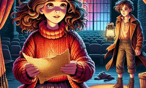 Uma menina de 12 anos, Inès, está no centro do palco, com cabelos castanhos cacheados que caem sobre os ombros. Seus olhos brilham de excitação e apreensão, e ela usa um suéter vermelho de lã, levemente amassado, e um jeans desbotado. Ela segura uma página amarelada nas mãos, com o rosto iluminado pela luz de uma lanterna que projeta sombras dançantes ao seu redor. Ao lado dela, um menino de 12 anos, Tomé, tem cabelos desgrenhados e veste uma jaqueta de couro desgastada. Ele observa Inès com uma mistura de curiosidade e preocupação, mantendo-se um pouco afastado, como se hesitasse em avançar na escuridão. O cenário é um velho teatro abandonado, com paredes de tijolos rachados cobertas de teias de aranha. As cortinas de veludo, desgastadas e empoeiradas, pendem pesadamente de um lado, revelando um grande palco escuro. Cadeiras de madeira estão espalhadas, algumas viradas, e a luz da lua filtra através das janelas quebradas, criando uma atmosfera misteriosa e levemente assustadora. A cena principal mostra Inès, determinada, pronta para enfrentar o desconhecido, enquanto se prepara para ler a página que encontrou, esperando trazer de volta à vida a história esquecida do teatro. As sombras parecem ganhar vida ao redor deles, adicionando um toque de suspense à ilustração.