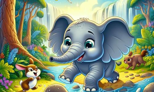 Um majestoso elefante chamado Elio, com pele cinza e grandes orelhas de contornos suaves, está à beira de um rio cintilante, exibindo uma expressão de determinação e alegria. Ele usa sua tromba para empurrar pedras, ajudando a liberar o leito do rio bloqueado. Ao seu lado, uma pequena lebre, Lara, com olhos brilhantes e pelagem marrom, pula com entusiasmo, incentivando Elio em sua tarefa. Um pouco mais adiante, um papagaio colorido chamado Tim, com penas vibrantes de verde e vermelho, voa acima deles, gritando palavras de encorajamento. Ao fundo, a floresta mágica se ergue, com árvores gigantescas de folhas brilhantes e flores coloridas que dançam ao vento, criando uma atmosfera encantada. A cena captura o espírito de cooperação e aventura, enquanto Elio e seus amigos trabalham juntos para restaurar a beleza de seu mundo.