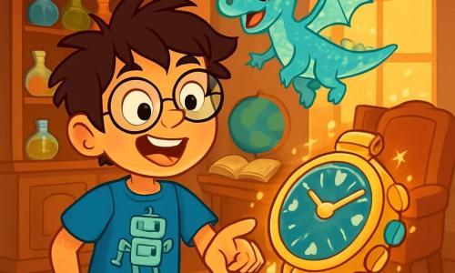 Um garoto de 10 anos, Téo, com cabelos castanhos bagunçados e óculos redondos, está no centro da imagem, com os olhos arregalados de espanto e um grande sorriso no rosto. Ele usa uma camiseta azul com um padrão de robô e um short verde. Ao seu lado, um pequeno dragão holográfico chamado Zizu, com escamas cintilantes e asas translúcidas, voa alegremente ao redor de sua cabeça, emitindo faíscas luminosas. Ao fundo, a sala da tia Berta está cheia de curiosidades mágicas: um grande móvel de madeira esculpida, frascos de poções coloridas nas prateleiras e uma velha poltrona de veludo vermelho. A luz suave filtra através de uma janela, iluminando objetos estranhos como um globo terrestre flutuante e um livro que vira as páginas sozinho. A cena principal mostra Téo e Zizu diante de um misterioso Relógio do Tempo, um grande e antigo relógio de pulso, com botões coloridos e engrenagens brilhantes, que brilha com uma luz mágica. Téo estende a mão em direção ao relógio, pronto para desencadear uma incrível aventura em um mundo futurista.