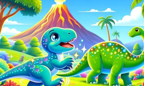 Un vélociraptor cu pene albastre strălucitoare, cu ochi curioși, aleargă vesel printr-un câmp verde, cu lăbuțele sale agile călcând iarba moale. La câțiva pași, un apatozaur mare, cu pete verzi strălucitoare, stă zâmbind prietenos, cu gâtul lung întins spre cer, observându-l pe Rapi. Peisajul este preistoric, cu un vulcan fumegând în fundal, copaci înalți și flori colorate. Rapi și Dino se întâlnesc pentru prima dată, iar Rapi, emoționat, își întinde lăbuța spre Dino, dorind să devină prieteni.