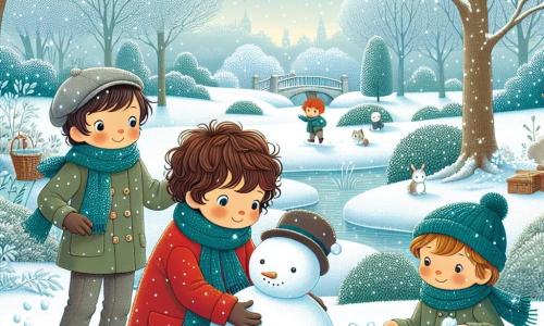 Tre ragazzi, Marco (10 anni, capelli castani e ricci, con un cappotto rosso vivo), Luca (9 anni, capelli biondi e lisci, con una sciarpa blu) e Simone (11 anni, capelli castani e ricci, con una giacca verde), sono in un parco innevato. Marco sta rotolando una grande palla di neve per costruire un pupazzo di neve, mentre Luca, a destra, sorride tenendo un piccolo cappello per il pupazzo. Simone, un po' in disparte a sinistra, osserva un coniglio bianco che emerge da un cespuglio, con gli occhi pieni di meraviglia. Il parco è un paesaggio invernale magico, con alberi spogli coperti di neve scintillante, fiocchi di neve che cadono dolcemente da un cielo grigio chiaro e un ruscello parzialmente ghiacciato che serpeggia nel decor. La scena principale mostra i tre amici mentre costruiscono il loro pupazzo di neve, Nevischio, scoprendo la bellezza della natura in inverno e meravigliandosi degli animali che vi si nascondono.