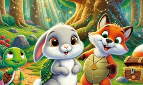 A little rabbit named Benny, with soft fluffy white fur and bright curious eyes, stands at the center of the scene, displaying an expression of excitement and determination. Next to him is a wise turtle named Tilly, with a green shell and round glasses, gently smiling while holding a treasure map, while a mischievous fox named Freddie, with bright orange fur and a bushy tail, leans forward with a big grin, ready to help them. They are in the enchanted forest of the Whispering Woods, where majestic trees with shimmering leaves dance gently in the wind, and rays of sunlight filter through the branches, creating magical shadows on the ground. In the background, a large oak tree shelters a sparkling chest, surrounded by colorful flowers and fluttering butterflies. Benny, Tilly, and Freddie are discovering the treasure chest, their eyes wide with surprise and joy as they prepare to open it, filled with gemstones that shine like stars.