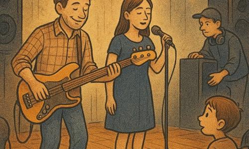Ein lächelnder, konzentrierter Mann, Emil, spielt im Stehen E-Bass, zerzauste kastanienbraune Haare, karierte Hemd, breite Hände mit Fingern auf den Saiten, vom warmen Licht beleuchtet; neben ihm steht die etwa 28-jährige Sängerin Lena in schlichtem nachtblauen Kleid und hält ein Mikrofon, ihr Gesicht zeigt die Stimme; im Hintergrund ein etwa achtjähriger Junge mit kurzem Haar, staunendem Blick, der mit dem Fuß auf einem Holzstuhl den Takt hält; ein ungefähr 35-jähriger Tontechniker mit Schirmmütze und Kopfhörer um den Hals stellt einen großen schwarzen Lautsprecher an der Bühnenkante ein; Ort: kleines intimes Café-Konzert mit lackiertem Holzboden, runden Holztischen, gelben Lichterketten und großen schwarzen Lautsprechern an der Bühne; Szene: warme Basslinie lässt den Boden leicht vibrieren, Lena hält eine gesungene Phrase, Publikum lauscht still und gebannt, warme Farbtöne (Bernstein, Braun, Nachtblau), leicht körnige Zeitungstextur, klare Konturen bei den Figuren, leichte Draufsicht mit unscharfem Publikum im Hintergrund, Fokus auf Emil und Lena.