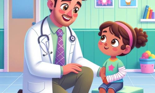 The main character is a man, Dr. Benjamin Bright, a doctor in his thirties with brown hair and sparkling joyful eyes. He wears a spotless white coat and a stethoscope around his neck, displaying a warm and reassuring smile as he crouches next to a young patient. Next to him is Lily, a six-year-old girl with curly hair and bright brown eyes full of enthusiasm. She wears a colorful t-shirt and has one arm in a pink cast, listening attentively to Dr. Bright with an admiring look. In the background, the scene takes place in a bright and welcoming hospital examination room, with soft green walls, posters of smiling animals, and colorful toys scattered on shelves. The main situation shows Dr. Bright explaining to Lily how he will help her heal, using fun superhero metaphors to ease her fears, creating an atmosphere of trust and comfort.