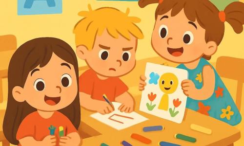 Una niña de 4 años, con largos cabellos castaños y ojos brillantes de curiosidad, está sentada en una mesa de clase, sonriendo alegremente. Sostiene crayones de colores en sus manos, lista para dibujar. A su lado, un niño de 4 años, con cabello rubio desordenado y una camiseta roja, observa atentamente su dibujo, con el ceño fruncido por la concentración. Otra niña de 4 años con dos coletas y un vestido de flores se inclina para mostrarle su dibujo colorido, sonriendo ampliamente. La escena tiene lugar en un aula luminosa, con paredes pintadas de amarillo y carteles coloridos que representan letras y números. Las mesas de madera están dispuestas en círculo y hay crayones de todos los colores esparcidos sobre las mesas. La situación principal muestra a Sofía y sus amigos preparando sus dibujos para el concurso, llenos de emoción e imaginación, cada uno mostrando con orgullo sus creaciones.