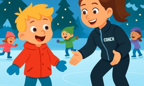 Een 4-jarig jongetje, Finn, met toushaar en een grote verwonderde glimlach staat op het ijs, zijn kleine benen een beetje uit elkaar, klaar om te glijden. Hij draagt een felrode jas en blauwe handschoenen, en zijn ogen stralen van opwinding. Naast hem staat coach Emma, een glimlachende vrouw van ongeveer 30 jaar met bruin haar in een paardenstaart, gekleed in een zwarte jas en sportbroek. Ze moedigt hem enthousiast aan, met open armen, klaar om hem te helpen vertrouwen te krijgen. De locatie is een buitenijsbaan, omringd door besneeuwde dennen, met fonkelende lichten die de scène verlichten en een magische sfeer creëren. Kinderen lachen en glijden om hen heen, wat bijdraagt aan de vrolijke sfeer. Finn, een beetje aarzelend maar vastberaden, is klaar om zijn eerste stappen op het ijs te zetten, terwijl coach Emma hem vriendelijk aanmoedigt.