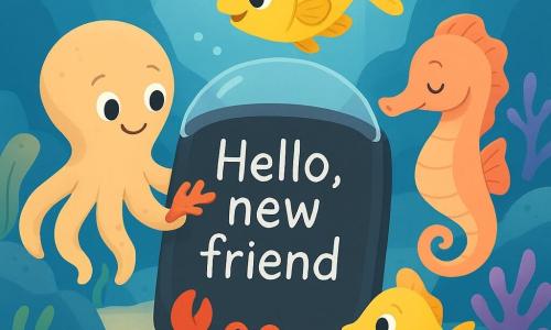 Slate, a smooth, flat black slate with rounded corners and a small string, wears a joyful, focused expression as he sits center stage with white marine-chalk letters on him and looks proudly at his message. Inky, a gentle sand-colored octopus with big round eyes and flowing tentacles, smiles kindly and offers a small coral-chalk piece from slightly behind and left; Finley, a bright yellow young fish with energetic fins, swims enthusiastically above Slate, making tiny bubbles; Mira, a shy peach seahorse with a curled tail, sits calmly to Slate’s right holding the coral piece, peaceful and attentive; a small red crab with expressive claws stands protectively in front, watchful. They gather in a sheltered underwater rock pocket called the Tranquil Cove — smooth pocked stone walls, pale sand, purple coral beds, swaying seagrass and soft blue light from above — protecting Slate as he writes “Hello, new friend” in chalk beneath a thin transparent shell; warm atmosphere, vivid colors, clear details, simple textures and rounded shapes suited to a children’s illustration.