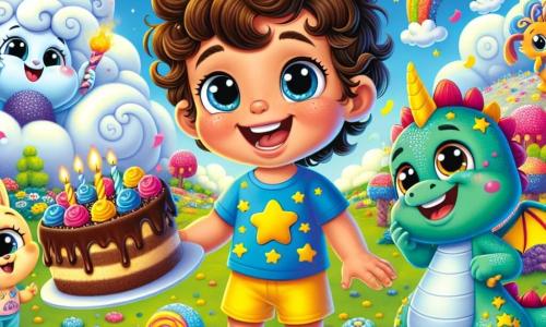 Un ragazzino di 3 anni, di nome Luca, con capelli castani ricci e occhi brillanti di gioia, si trova al centro dell'immagine, sorridendo ampiamente con guance rosa. Indossa una maglietta blu con stelle e pantaloni corti gialli, tenendo un grande pezzo di torta al cioccolato nelle sue piccole mani. Accanto a lui, una nuvola sorridente, di nome Nuvolina, fluttua nell'aria, con un volto amichevole e occhi brillanti, circondata da piccole stelle scintillanti. Un piccolo drago verde, di nome Puffo, con squame brillanti e grandi ali colorate, si trova a sinistra di Luca, danzando allegramente, con occhi pieni di eccitazione. Il luogo è un giardino magico, pieno di alberi di caramelle dai colori vivaci, fiori multicolori e un cielo blu punteggiato di nuvole soffici. In lontananza, creature fantastiche come conigli danzanti e farfalle colorate aggiungono all'atmosfera festosa. La scena principale mostra Luca, circondato dai suoi amici magici, mentre celebra il suo compleanno con una grande festa, ridendo e condividendo dolcetti, mentre coriandoli colorati cadono dal cielo, creando un'atmosfera gioiosa e incantata.