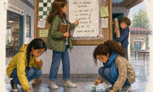 Ci sono quattro bambini: Nora (11 anni), capelli castani medio-lunghi, quaderno marrone sotto il braccio, al centro vicino alla bacheca mentre apre il taccuino e indica il manifesto arrotolato; Dalia (11 anni), capelli neri in treccia stretta, giacca gialla, tiene una brioche mezza mangiata, a sinistra di Nora mentre raccoglie una puntina piegata; Leila (11 anni), capelli ricci castani, sorriso dolce, sciarpetta blu, a destra di Nora accovacciata che esamina briciole verdi di gesso; Teo (9 anni), capelli arruffati, tubo di cartone contro il petto, sguardo timido ma sollevato, leggermente indietro vicino a un armadietto socchiuso dove si vede il tubo e il manifesto arrotolato. Luogo: cortile coperto della scuola sotto la pioggia, pavimento di cemento bagnato che riflette la luce, bacheca di legno con puntine rosse e una protezione plastica trasparente davanti al manifesto con disegno di una scacchiera, corridoio a sinistra verso il laboratorio e piccolo preau coperto a destra verso la mensa, doodle di impronte, gocce e frecce intorno. Situazione: i bambini rimettono il manifesto arrotolato nella bacheca sotto la plastica, atmosfera collaborativa con gesti calmi e volti determinati, tracce di gesso verde e nastri blu sul pavimento, composizione centrata, colori pastello saturi, texture di carta, legno e gesso, luce morbida di una giornata piovosa.