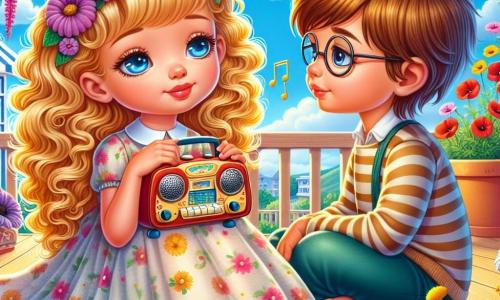 Una ragazza di 8 anni, Sofia, con capelli dorati e ricci, seduta su una terrazza di legno, con uno sguardo malinconico ma dolce, tiene in mano una piccola radio colorata. Indossa un vestito leggero a fiori, i suoi occhi brillano di una luce di nostalgia. Accanto a lei, un ragazzo di 8 anni, Marco, con capelli castani e occhiali rotondi, guarda attentamente Sofia, con un'espressione di comprensione sul viso. Sono circondati da fiori colorati, margherite e papaveri, che danzano dolcemente al vento. Il luogo è una terrazza soleggiata, adornata da vasi di fiori vivaci, con un cielo blu punteggiato di nuvole bianche e soffici. Sullo sfondo si intravede un giardino verdeggiante, pieno di vita e colori. La scena principale mostra Sofia e Marco che ascoltano attentamente la dolce melodia della radio, condividendo un momento di connessione e conforto, mentre ricordano i loro nonni scomparsi, il tutto immerso in una luce dorata al crepuscolo.