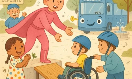 Lila, heroína sonriente y segura con pelo corto rosa y capa color chicle, ayuda a colocar una pequeña rampa de madera; Benito, un banco antropomórfico de madera con ojos en el respaldo y patas de hierro, se posa en una plataforma nueva; Sofía, niña de unos 7 años con vestido de lunares y trenzas, aplaude y sostiene una canción en papel; Tomás, niño de unos 8 años en silla de ruedas con adhesivos de estrellas y casco azul, sube la rampa con ayuda de amigos; Don Ramón, hombre de unos 60 años con bigote ancho y bata de guardián, dirige la operación junto al autobús azul Azulito, de aspecto amistoso; el lugar es la esquina entre un depósito de autobuses y un parque con suelo empedrado, árboles de hojas redondeadas, caja de herramientas abierta y una pequeña fuente; la escena principal es un momento alegre e inclusivo al instalar la rampa para que todos puedan usar el banco Benito, con ambiente luminoso, colores cálidos y notas musicales, estrellas y corazones como indicio de risas.