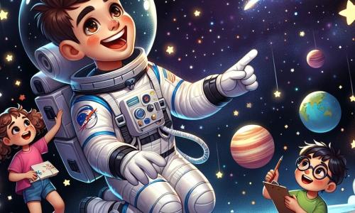 Un astronauta sorridente, un uomo di circa trent'anni con capelli castani e una tuta spaziale blu brillante, fluttua gioiosamente nello spazio, circondato da stelle scintillanti e pianeti colorati. I suoi occhi brillano di eccitazione mentre indica una stella cadente che attraversa il cielo. Vicino a lui, una bambina di 8 anni, Sofia, con capelli ricci e una maglietta rosa, guarda meravigliata, con gli occhi spalancati, mentre fluttua leggermente all'indietro, tenendo un piccolo taccuino da disegno. Un ragazzo di 9 anni, Luca, con occhiali spessi e una maglietta verde, sta prendendo appunti su una lavagna fluttuante, concentrato sulle spiegazioni dell'astronauta. La scena si svolge nell'immensità dello spazio, dove stelle brillanti illuminano lo sfondo nero e pianeti colorati come Marte e Giove sono visibili in lontananza, creando uno spettacolo magico e affascinante. L'astronauta Marco condivide la sua passione per lo spazio con i bambini, spiegando loro la bellezza delle stelle e dei pianeti, incoraggiandoli a sognare in grande e a esplorare l'universo.