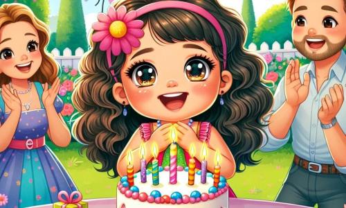 A 2-year-old girl with big bright eyes and curly hair is wearing a colorful dress and has a big smile on her face as she blows out the candles on a birthday cake. Next to her, her mother, a smiling woman around 30 with long brown hair, holds a colorful balloon and claps joyfully. Her father, a man about 35 with a light beard and a funny hat, stands behind her, ready to help her blow out the candles. The setting is a sunny garden filled with vibrant flowers and green trees, with a large table decorated with colorful garlands and a birthday cake at the center, surrounded by small gifts. The main scene shows the little girl surrounded by her family and friends, all singing "Happy Birthday" as she closes her eyes to make a wish before blowing out the candles.