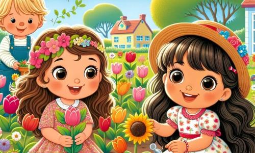 Una niña de 4 años, llamada Sofía, con largos cabellos castaños y ojos llenos de alegría, está plantando tulipanes de colores en una pequeña jardinería. Lleva un vestido de flores y un sombrero de paja, y su rostro expresa gran emoción y curiosidad. A su lado, su amigo Lucas, un niño de 5 años con cabello rubio y gafas, sostiene una gran semilla de girasol, sonriendo y listo para plantarla. Un poco más lejos, Ana, una niña de 4 años con cabello rizado y un vestido rojo, observa sus fresas que comienzan a crecer, con los ojos brillantes de asombro. El escenario es un jardín soleado, lleno de flores coloridas, árboles verdes y un cielo azul claro con algunas nubes blancas. Al fondo, se ve una escuela con paredes amarillas y ventanas abiertas, dejando pasar la suave brisa primaveral. La escena muestra el entusiasmo de los niños mientras descubren la magia de la naturaleza en crecimiento, cada uno concentrado en su tarea, rodeado de la belleza de la primavera.