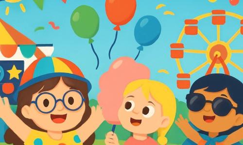 There are 3 characters: - Mia: an 8-year-old girl with brown hair and round glasses. She wears a colorful hat and a polka dot dress, smiling with her arms raised, full of energy. - Lily: a 7-year-old girl with braided blonde hair. She wears a pink t-shirt and denim shorts, holding a large pink cotton candy and looking around in wonder. - Zoe: an 8-year-old girl with black hair and sunglasses. She wears a shiny blue cape and joyfully dances with her arms in the air in the middle of the party. The setting is a vibrant carnival park filled with game booths, floating balloons, and fairy lights. Children laugh and play around a lit Ferris wheel while a clown juggles colorful balls. The sky is blue and sunny, and the air is filled with the sweet smell of popcorn and cotton candy. The main scene shows the three friends gathered in the middle of the celebration, laughing and having fun together, surrounded by colorful decorations and twinkling lights, ready to explore the carnival, full of joy and excitement.