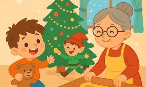 Un niño de 2 años, Lucas, con cabello castaño desordenado y ojos brillantes de alegría, sostiene su osito de peluche. Sonríe ampliamente, con mejillas sonrosadas, y baila alrededor del árbol de Navidad. A su lado, su abuela, una mujer dulce de 65 años, con cabello gris recogido y gafas redondas, prepara pasteles en una mesa de madera, sonriendo tiernamente al mirar a Lucas. Un duende travieso, pequeño y juguetón, con un gorro rojo con pompón y ropa verde, salta alegremente cerca del árbol, con sus cascabeles sonando en cada movimiento. La escena tiene lugar en una sala acogedora, decorada con guirnaldas brillantes y un gran árbol iluminado, con copos de nieve visibles a través de la ventana. Lucas ríe mientras busca una galleta escondida por el duende, creando una atmósfera mágica y feliz de Navidad.