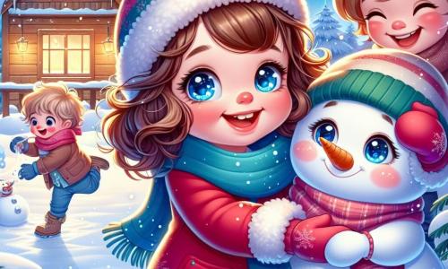 Ein 3-jähriges Mädchen namens Mia mit großen, glänzenden Augen und lockigem braunem Haar lächelt fröhlich, während sie einen kleinen Schneemann hält. Sie trägt einen leuchtend roten Mantel und einen blauen Schal, und ihr Gesicht strahlt vor Aufregung und Glück. Neben ihr lacht ihr bester Freund Luca, ein 4-jähriger Junge mit zerzausten blonden Haaren und einer grünen Mütze, während er einen Schneeball wirft, seine Wangen sind vom Kälte gerötet. Ihre Umgebung ist ein verschneiter Garten, in dem sanft Schneeflocken fallen und den Boden mit einer dicken weißen Schicht bedecken. Im Hintergrund sieht man eine hübsche Holzhütte mit funkelnden Lichtern, die die sternenklare Nacht erhellen. Die Hauptszene zeigt Mia und Luca, die einen Schneemann bauen, umgeben von Lachen und Freude, während sie ihre Kreation mit einer Karotte als Nase und Ästen als Arme dekorieren und den festlichen Geist des Neujahrs einfangen.