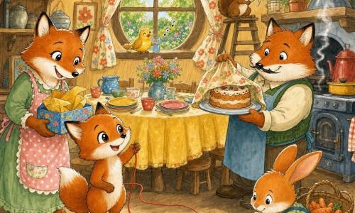 Um pequeno raposo ruivo (personagem principal), olhos grandes e brilhantes, orelhas pontiagudas e barriga com manchas brancas, sorri timidamente segurando um fio vermelho que serpenteia pelo chão e olha surpreso para uma grande mesa; à esquerda, uma mãe raposa com avental de bolinhas, rosto doce e olhar orgulhoso segura uma caixinha de presente aberta; à direita, um pai raposo corpulento com bigode fino, junto ao forno, segura um prato grande e aponta para um bolo escondido atrás de uma cortina; um coelho laranja de orelhas grandes agacha-se junto a uma cesta colhendo pequenas cenouras e sorri agradecido; um esquilo castanho numa pequena escada segura balões coloridos (azul, vermelho, verde) e ri; um pequeno pássaro amarelo pousado na janela bebe água de um copinho no peitoril e canta suavemente; cozinha acolhedora em toca com paredes de madeira clara, mesa grande com toalha amarela, louça colorida, forno antigo com vapor de baunilha, cortina florida e janela redonda para um jardim ensolarado; cena central: o raposo segue o fio vermelho que leva à mesa onde família e amigos preparam a aparição do bolo de aniversário; ambiente alegre, cores quentes, traço em tinta colorida nítido e texturas aquarela, composição clara e legível para crianças.