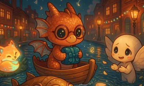 Um pequeno dragão chibi de escamas cobreadas brilhantes e olhos como pequenos vidros estrelados, asas de tecido com fios prateados, expressão determinada e terna, segura um pacote de veludo azul no peito enquanto está numa pequena barca de madeira; um grande peixe-barca de latão com relógios incrustados no flanco e olhos de luneta de bronze sorri e nada ao lado como se empurrasse a barca; uma raposa neon enrolada na margem esquerda, pelo elétrico a piscar, observa feliz; uma criatura tímida de grandes asas de papel espera na margem direita com as mãos prontas para receber a carta; o canal é feito de água-páginas com palavras flutuantes, cercado por fábricas de tijolos vermelhos, chaminés fumegantes, guirlandas de néon, pequenas lojas e postes de luz retrô quentes; o vento levanta folhas de papel e letras que rodopiam, criando uma atmosfera de ternura corajosa e verdade compartilhada.