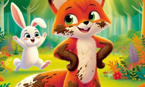 Um raposinho chamado Rão, com pelagem laranja brilhante e olhos curiosos, está no centro da imagem, com as patas sujas de lama, mas exibindo um grande sorriso de orgulho e alegria. À sua direita, uma coelhinha chamada Lila, com pelagem branca e orelhas longas e retas, salta de alegria, seus olhos brilhando de excitação, aplaudindo Rão por sua coragem. O cenário é uma floresta encantada, com árvores majestosas de folhas verdes vibrantes, flores coloridas espalhadas pelo chão e raios de sol filtrando pelas ramas, criando uma atmosfera acolhedora. A situação principal mostra Rão, após cair em uma poça de lama, percebendo que pode ser ele mesmo e se divertir, cercado por sua amiga Lila, que o apoia com entusiasmo, ilustrando o tema da autoconfiança e aceitação.