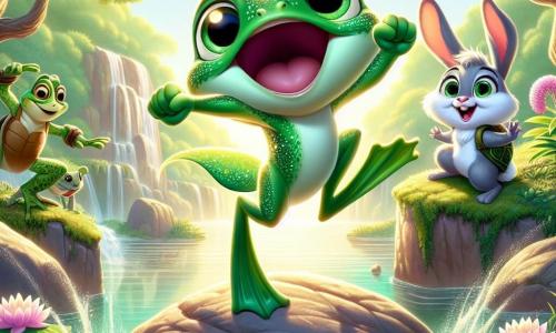 O broască mică numită Froggy, cu o piele verde strălucitoare și ochi rotunzi și strălucitori, sare vesel de pe o piatră mare de la marginea unui iaz. Expresia ei este plină de determinare și fericire, iar labele din spate sunt îndoite, pregătite pentru un salt impresionant. Aproape de ea, prietenul său Pufi, un iepuraș adorabil cu urechi mari și blană albă, o încurajează ridicând labele din față, cu un zâmbet entuziast. Tita, o broască țestoasă înțeleaptă cu un carapace verde decorată cu motive, observă cu bunăvoință de pe o piatră, cu ochii strălucind de mândrie. Peisajul este o pădure luxuriantă, unde copaci majestuoși cu frunze verzi strălucitoare înconjoară un iaz sclipitor, presărat cu nuferi roz și albi. Razele soarelui filtrează printre crengi, creând străluciri aurii pe apă. Situația principală o arată pe Froggy luând avânt pentru a sări cât mai sus posibil, cu o emoție palpabilă în aer, în timp ce prietenii ei o încurajează cu strigăte de bucurie, sărbătorind curajul și determinarea ei.