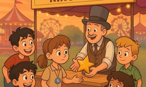 Six characters at a sunset fairground Golden Star Ring Toss booth on a grassy lawn: Arlo (boy, 8) in a dark hoodie with mismatched laces holds a gold star trophy against his chest with both hands as he returns it to Mr. Puddlewick (adult man, ~50) wearing a light top hat and striped vest, who stands behind the light wooden table with hands outstretched and a relieved, kind expression; Mia (girl, 8) with light brown ponytail and a small blue stopwatch on a cord stands center front with focused gaze and open hands toward the trophy; Leo (boy, 8) with messy black hair and pink cotton-candy beard rocks stands to Mia’s left leaning forward with a curious grin while eating cotton candy; Zoe (girl, 8) with curly brown hair in a sunny yellow dress stands to Mia’s right with hands on hips and a big encouraging smile; Ben (boy, 8) with short blond hair and green shirt stands slightly behind on the right writing “CLUE” in his open notebook; a small smudge of pink glitter is on the trophy tip with a thin trail of glitter leading left, string lights glow, colorful tents, rides and confetti glint in the background, warm sunset colors, gentle, sharing mood, clear child-friendly 2D cartoon style.