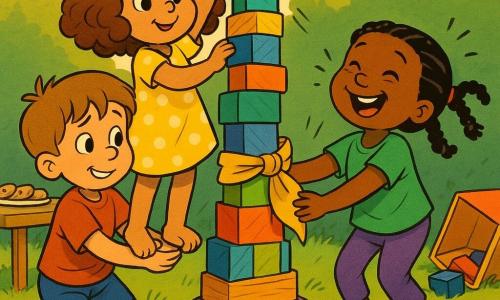 A joyful, focused 4-year-old girl with curly brown bob and bright eyes in a yellow polka-dot dress stands on tiptoe holding the top of a slightly tilted toy tower; to her left Ben, age 5, with light brown hair, red T-shirt and blue shorts, smiles nervously while holding the base, and to her right Mia, age 4, with black braided hair, green shirt and purple leggings, laughs while holding the middle. The sunny garden has a green lawn, a large hedge, a small wooden table with cookies and an overturned toy box; the close-up tower is a mismatched stack of colorful wooden blocks, plastic cups, a yellow scarf tied around it and a purple hat at the base, showing wood and fabric textures. The mood is cheerful and dynamic with action lines, laughter, warm late-afternoon light; graphic style: clean outlines, saturated colors, simple textures evoking 1990s cartoons, composition centered on the girl holding the top.