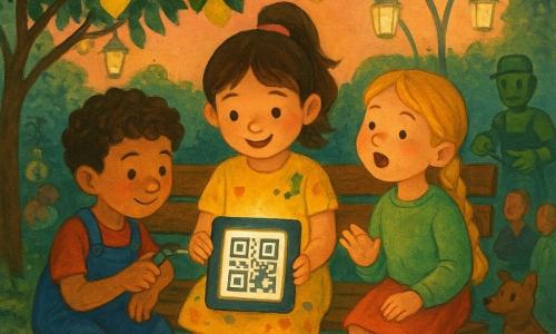Three children: Maya, 5, brown hair in pigtails, yellow paint-stained dress, holding a glowing tablet at the center in front of a bench under a tree; Jonas, 5, short curly hair, blue overalls with tool pockets, crouched left of Maya fixing a wire on the tablet with pliers; Pippa, 5, blond in a braid, light green sweater, right of Maya softly singing with one hand raised. Scene: a wooden bench beneath a large urban lemon tree with dark green leaves, white blossoms and yellow fruit; translucent glass pods and silver rails with climbing green vines pass in the background, garden robots and soft lampposts nearby, light-colored paved ground with a small basket of lemon cookies by the bench. Main action: the children activate a tablet showing a glittering black-and-white QR code square that casts a warm glow on their faces as adults and a small dog gather to sit and listen to stories; warm, soft colors, gouache-like strokes, paper textures, and pink-orange twilight light.