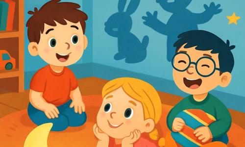 Ci sono 3 personaggi: - Luca: un ragazzo di 6 anni con capelli castani disordinati e occhi brillanti. È seduto sul tappeto, sorridente, con una lampada soffusa accanto a lui. - Anna: una ragazza di 5 anni con capelli biondi intrecciati e un vestito rosa. È sdraiata a pancia in giù, con le mani sotto il mento, mentre guarda le ombre ballare sul muro. - Marco: un ragazzo di 6 anni con capelli neri e occhiali rotondi. È seduto a gambe incrociate, ridendo, con un cuscino colorato sulle ginocchia. Il luogo è una camera accogliente, con pareti dipinte di azzurro chiaro e stelle dorate attaccate al soffitto. Un grande tappeto morbido copre il pavimento e una luce soffusa proviene da una lampada a forma di luna, proiettando ombre divertenti sulle pareti. I bambini, seduti insieme, scoprono che le ombre nella stanza non sono spaventose, ma piuttosto amici che ballano e giocano con loro. Ridono e si rilassano, trasformando la loro paura del buio in un gioco gioioso e confortante.