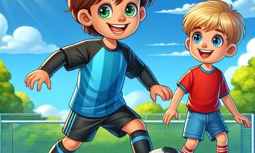 Een jonge jongen, Sam, ongeveer 10 jaar oud, staat in het midden van de afbeelding. Hij heeft rommelig bruin haar, een stralende glimlach en sprankelende ogen van vreugde. Hij draagt een blauwe voetbalshirt met een zwarte short en dribbelt een voetbal op een groen veld, met zijn armen wijd open, vol energie en vastberadenheid. Naast hem bewondert Lucas, een andere jongen van 8 jaar, Sam met verwonderde ogen. Lucas heeft blond haar en draagt een rood t-shirt en een blauwe short. Hij staat iets op de achtergrond, klaar om Sam na te doen, met een grote glimlach op zijn gezicht. De setting is een mooi voetbalveld, omringd door groene bomen en een heldere blauwe lucht met enkele witte wolken. De zon schijnt, wat een vrolijke en levendige sfeer creëert. De belangrijkste situatie toont Sam die Lucas laat zien hoe hij de bal moet dribbelen, wat de geest van vriendschap en delen tussen de twee jongens illustreert terwijl ze samen plezier hebben op het veld.