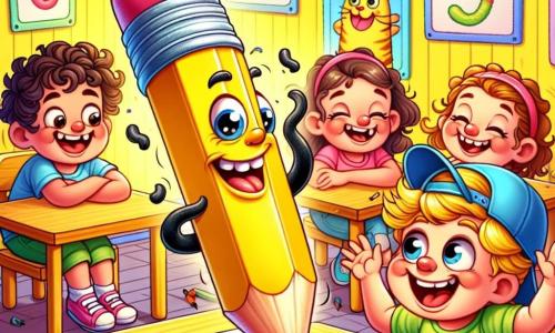 An illustration depicts a yellow pencil with a pink eraser on top, looking joyful and a bit mischievous. The pencil is dancing on a sheet of paper, surrounded by colorful letters that seem to move around it. A little girl with curly brown hair, wearing a pink t-shirt and denim shorts, is watching the pencil with a big smile, full of enthusiasm. She is sitting at a table, holding another pencil in her hand, ready to draw. A boy with straight blonde hair, wearing a blue cap and a green t-shirt, is sitting next to her, laughing and showing his drawing of a cat with wobbly letters, round eyes, and an amused smile. The main setting is a bright classroom with yellow-painted walls and colorful posters featuring alphabet letters and animal drawings. Wooden desks are arranged in rows, with crayons and markers scattered on the tables. The main scene shows the pencil joyfully dancing on the sheet, surrounded by wobbly letters, while the children enjoy drawing and laughing together, creating an atmosphere of creativity and joy. Other graphic elements include bursts of bright colors, sparkling stars around the pencil, and funny animal drawings on the classroom walls, adding a magical touch to the illustration.