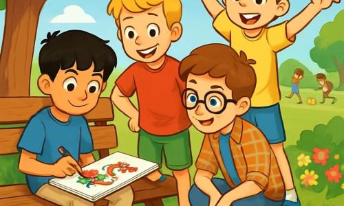 There are 4 children: - Amir: an 11-year-old boy with black hair and brown eyes, wearing a blue t-shirt and beige pants. He is sitting on a bench, drawing in his sketchbook. - Jake: a 12-year-old boy with blond hair and light eyes, dressed in a red t-shirt and green shorts. He is standing next to Amir, smiling and looking at his drawing. - Sam: an 11-year-old boy with brown hair and glasses, wearing a plaid shirt and jeans. He is crouching in front of the bench, closely observing Amir's drawing. - Leo: a 12-year-old boy with brown hair and freckles, dressed in a yellow t-shirt and blue shorts. He is standing behind Jake, enthusiastically gesturing with his arms. The main setting is a sunny park with large trees and vibrant green leaves, bordered by colorful flowers. A wooden bench is placed under a tree, and the grass is bright green, dotted with small butterflies flying around. The main scene shows the children joyfully discussing Amir's colorful dragon drawing, exchanging ideas and laughing together, illustrating their friendship and acceptance, while other children play in the distance, creating an atmosphere of happiness and acceptance.