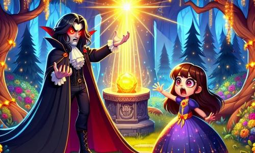 Um vampiro misterioso, com longos cabelos negros e olhos vermelhos brilhantes, está no centro da cena, exibindo uma expressão de raiva e frustração. Ele usa uma capa escura que flutua ao seu redor, enquanto estende os braços em direção a uma luz brilhante que emana de um altar mágico. Perto dele, Clara, uma menina de 10 anos com cabelos castanhos e olhos cheios de curiosidade, observa corajosamente o vampiro. Ela está vestida com um vestido colorido e segura uma esfera luminosa nas mãos, pronta para defender a floresta encantada. A cena ocorre em uma clareira mágica, cercada por árvores majestosas com folhas cintilantes, onde flores coloridas crescem em abundância. No centro, um altar de pedra emite uma luz dourada, iluminando os rostos dos personagens e criando uma atmosfera mágica. A situação principal mostra o vampiro tentando se apoderar da magia da floresta, enquanto Clara, com coragem e determinação, se coloca entre ele e o altar, pronta para proteger seu mundo encantado.