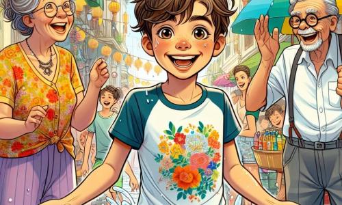 Un ragazzo di 12 anni, Marco, con i capelli castani arruffati e gli occhi brillanti di curiosità, si trova al centro della scena, con un grande sorriso sul volto e le braccia aperte, pronto a tuffarsi nella festa. Indossa una maglietta colorata e pantaloni corti leggeri, simboli dell'estate, ed è bagnato d'acqua, a illustrare l'eccitazione del momento. Accanto a lui, sua nonna, Carla, una donna di circa 65 anni con capelli argentati e occhiali rotondi, ride gioiosamente tenendo un secchio d'acqua, pronta a lanciarlo su di lui. Non lontano c'è suo nonno, Giuseppe, un uomo di 70 anni con una barba grigia e un cappello di paglia, che osserva la scena con un sorriso benevolo, tenendo una macchina fotografica per catturare questi momenti preziosi. La scena si svolge in una strada animata di Bangkok, decorata con lanterne colorate e circondata da bancarelle di cibo, dove le persone si spruzzano d'acqua ballando al ritmo della musica tradizionale. Risate e grida di gioia risuonano nell'aria calda, e fiori di frangipani fluttuano intorno, aggiungendo un tocco di magia all'atmosfera festiva. Marco, circondato dai suoi amici thailandesi, partecipa alla celebrazione del Songkran, il festival dell'acqua, divertendosi a combattere con pistole ad acqua mentre condivide risate e sorrisi, incarnando lo spirito di amicizia e gioia di questa festa unica.
