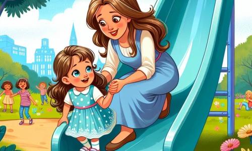 A 4-year-old girl with long brown hair and sparkling eyes is wearing a pretty blue dress with white polka dots. She stands at the top of a tall slide, her face beaming with excitement and determination, ready to slide down. Next to her, her mother, a woman in her thirties with brown hair and a warm smile, encourages her with open arms, standing at the bottom of the slide. The park is lush with greenery, majestic trees, colorful flowers, and a bright blue sky. Children play around, laughing and running on the soft grass. The main scene shows the little girl about to slide down, a mix of apprehension and joy on her face, while her mother lovingly encourages her, symbolizing self-confidence and parental support.